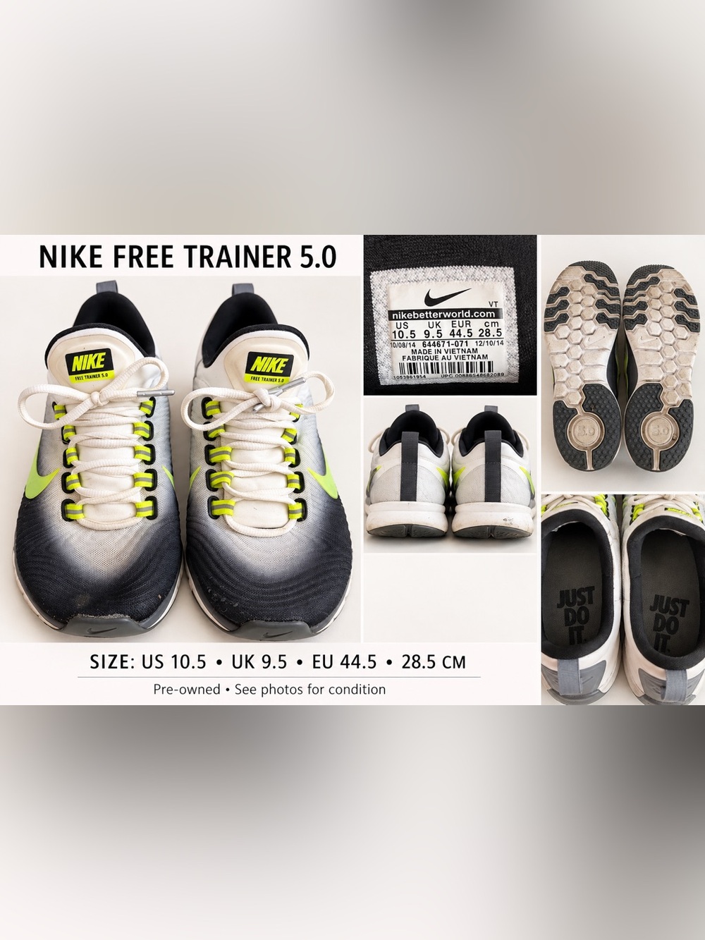 Nike Free Trainer 5.0 Shoes Black White Neon Green US 10.5